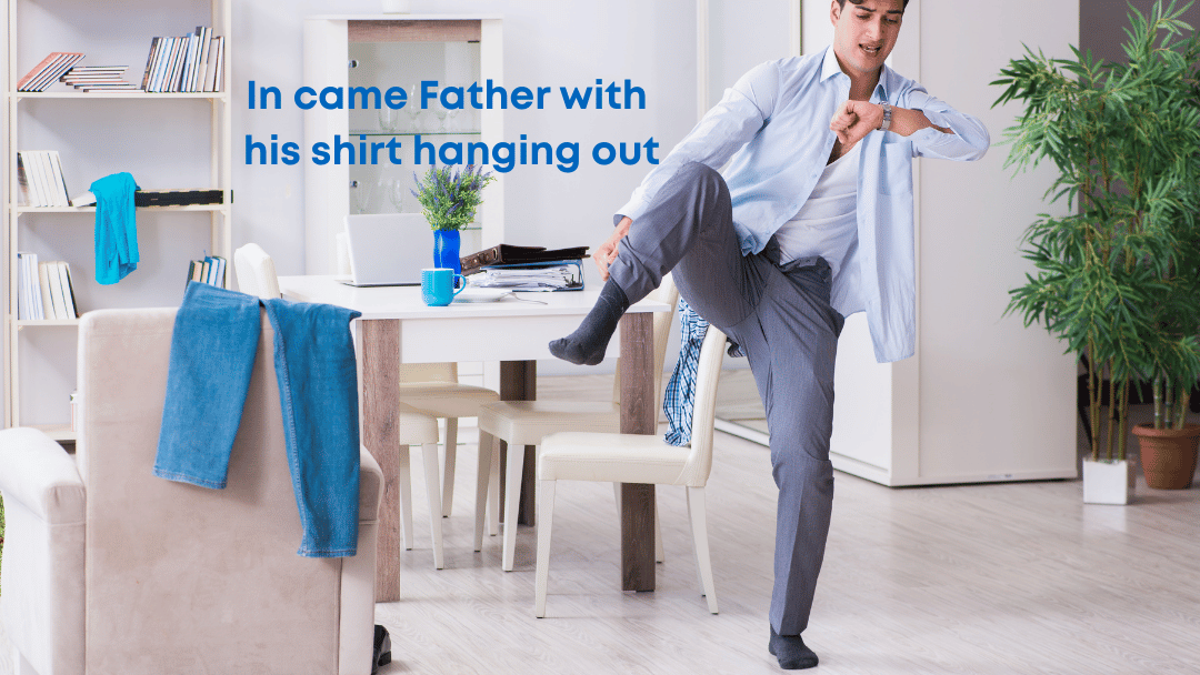 man in a panic getting dressed, shirt un-tucked, hair ruffled, pulling up a sock, looking at his watch, mouth open 