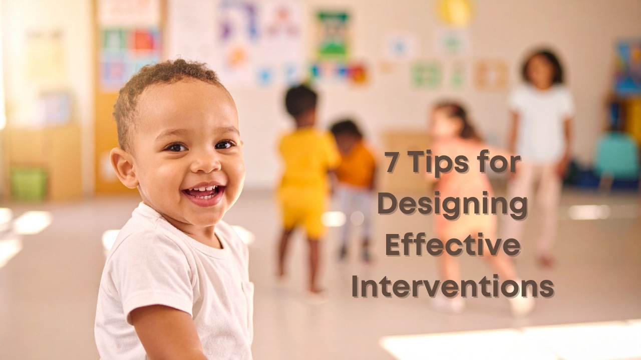 7 Tips for Excellent Programs Smiling three-year-old boy, other barefoot children with a teacher in the background. Text: 7 Tips.