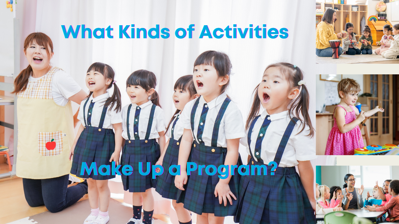 5 preschool children in uniforms stand in a row with their mouths open singing happily with their teacher who is kneeling next to them